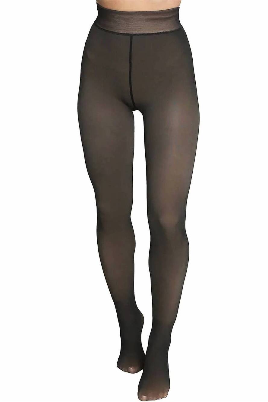 NEW CAP ZONE women's fake sheer fleece lined pantyhose tights in black